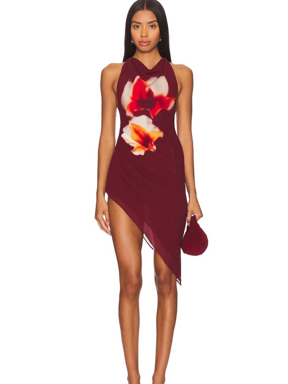 Lovers + Friends Burgundy Asymmetrical Floral Halter Mini Dress